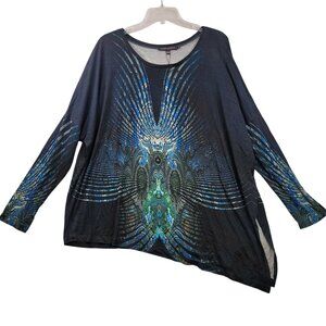 Robert Kitchen Canada Womens Long Sleeve Peacock Print Asymmetrical Top L NWT